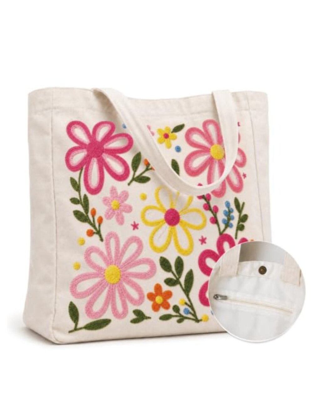 Canvas Tote Bag Large Embroidery Buckle Floral Reusable Shopping